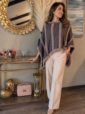Donna Salyers- Fabulous Furs Taupe Knit Poncho with Faux-Fur Trim